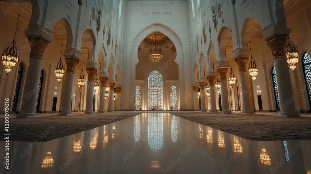 Fototapeta premium Mosque interior, UAE, prayer hall, reflective floor, arches, sunlight, travel, architecture, serenity, tourism