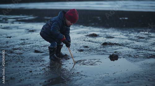 Child drawing in coastal mud puddle, ocean background, winter photo