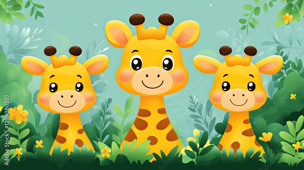 Naklejka premium Cute Giraffe Family in Lush Green Jungle