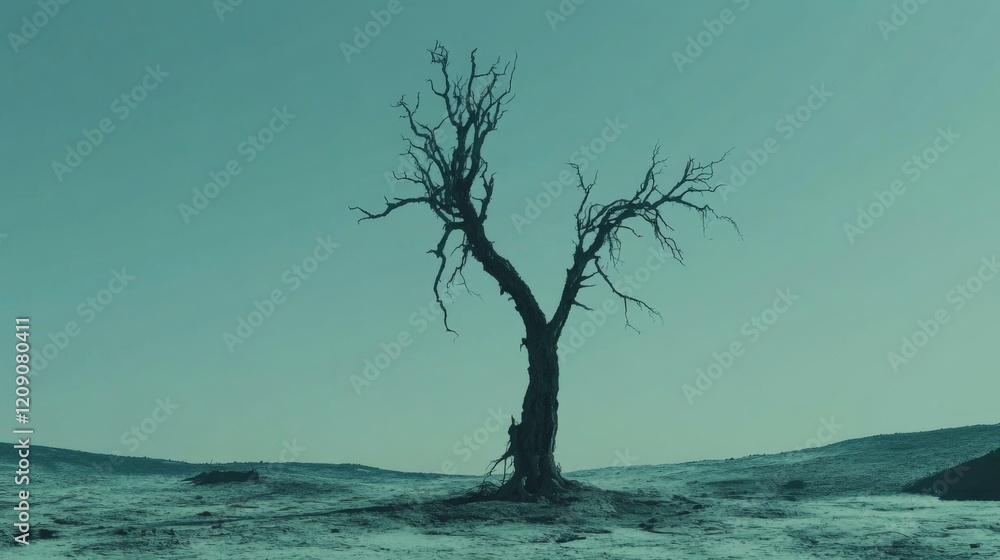A lone, withered tree standing in a barren desert landscape with no vegetation, the sky a pale blue, symbolizing the effects of climate change on ecosystems A lone, withered tree standing in a barren desert landscape with no vegetation, the sky a pale blue, symbolizing the effects of climate change on ecosystems