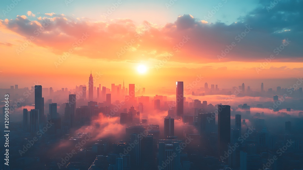 Fototapeta premium Majestic sunrise paints the city with warm colors, a blanket of fog enshrouds the buildings below, a breathtaking aerial view.