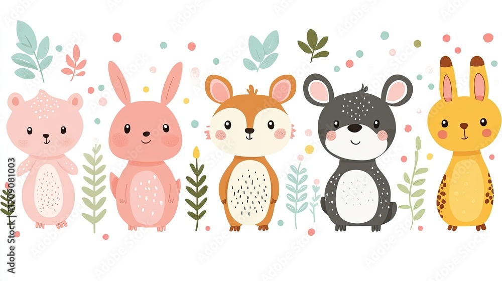 Naklejka premium Cute woodland animals illustration, floral background, children's design