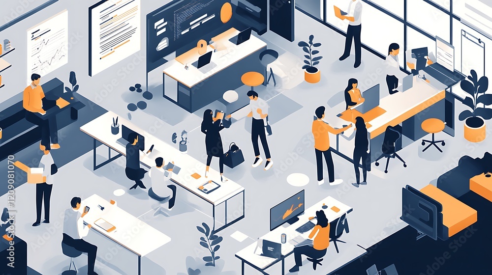illustration of a bustling modern office, showcasing teamwork and collaboration in a vibrant workspace. illustration of a bustling modern office, showcasing teamwork and collaboration in a vibrant workspace.