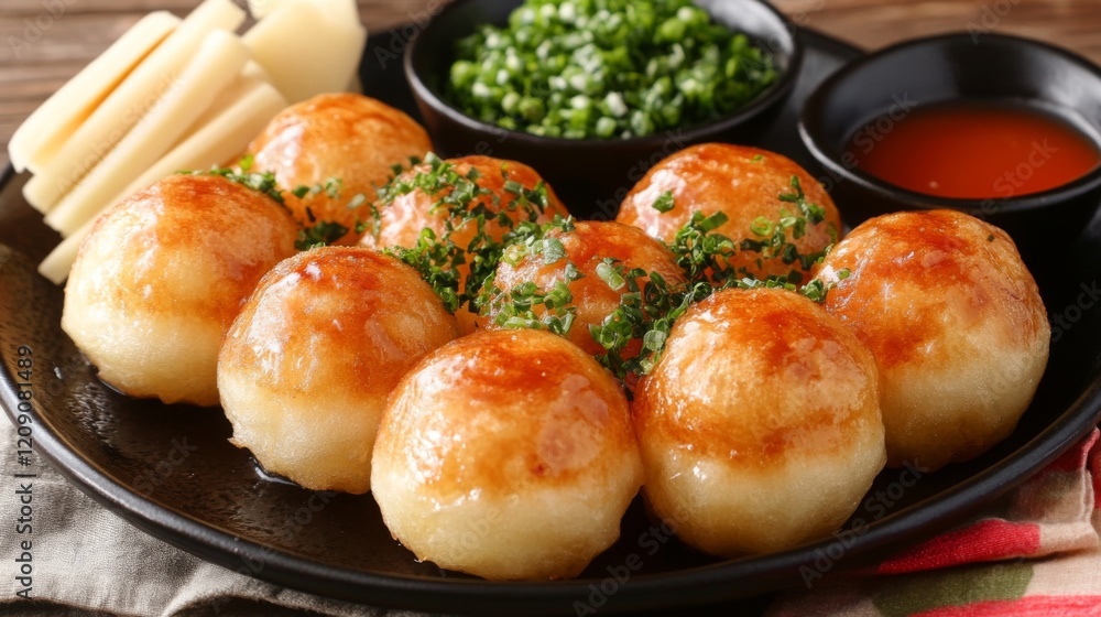 A platter of takoyaki balls with a golden-brown crust, served on a dark plate with a side of pickled ginger and dipping sauce A platter of takoyaki balls with a golden-brown crust, served on a dark plate with a side of pickled ginger and dipping sauce