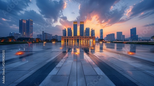 Cultural Exchange Center Establishment. Evening eye-level perspective showcasing cultural style and dynamic tones.
