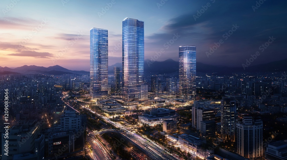 Obraz premium Cityscape Skyscrapers, sunset, highway, mountains, urban development