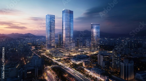 Wallpaper Mural Cityscape Skyscrapers, sunset, highway, mountains, urban development Torontodigital.ca