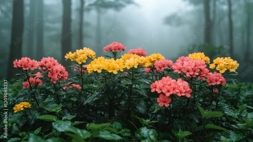 Fototapeta premium Misty Forest Blooms Yellow And Pink Flowers