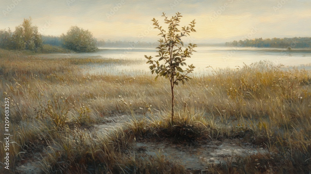 A serene image of a freshly planted sapling in a peaceful meadow, with dew-covered grass and soft morning light illuminating the scene A serene image of a freshly planted sapling in a peaceful meadow, with dew-covered grass and soft morning light illuminating the scene
