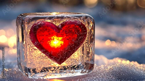 A heart-shaped ice sculpture glowing in a snowy landscape.