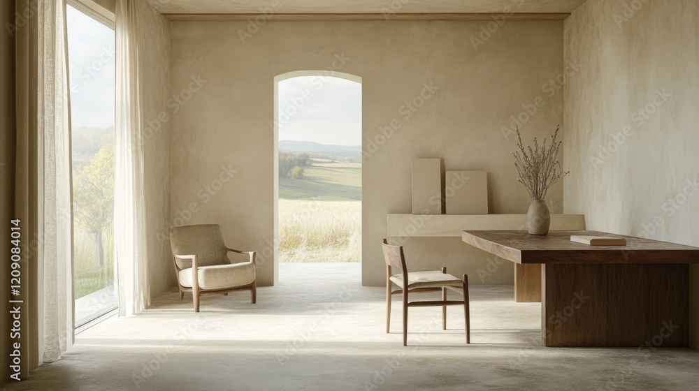Fototapeta premium A spacious minimalist office with a wooden desk, a chair, and an open window letting in soft natural light, creating a serene and focused atmosphere
