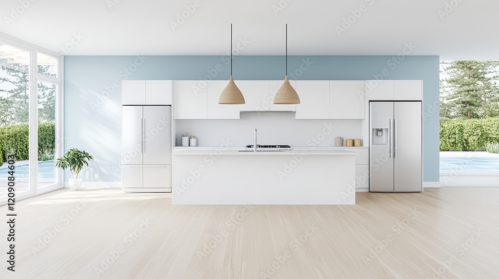 Fototapeta premium A spacious kitchen features a large island complemented by a generous window, enhancing the room's natural light and functionality.