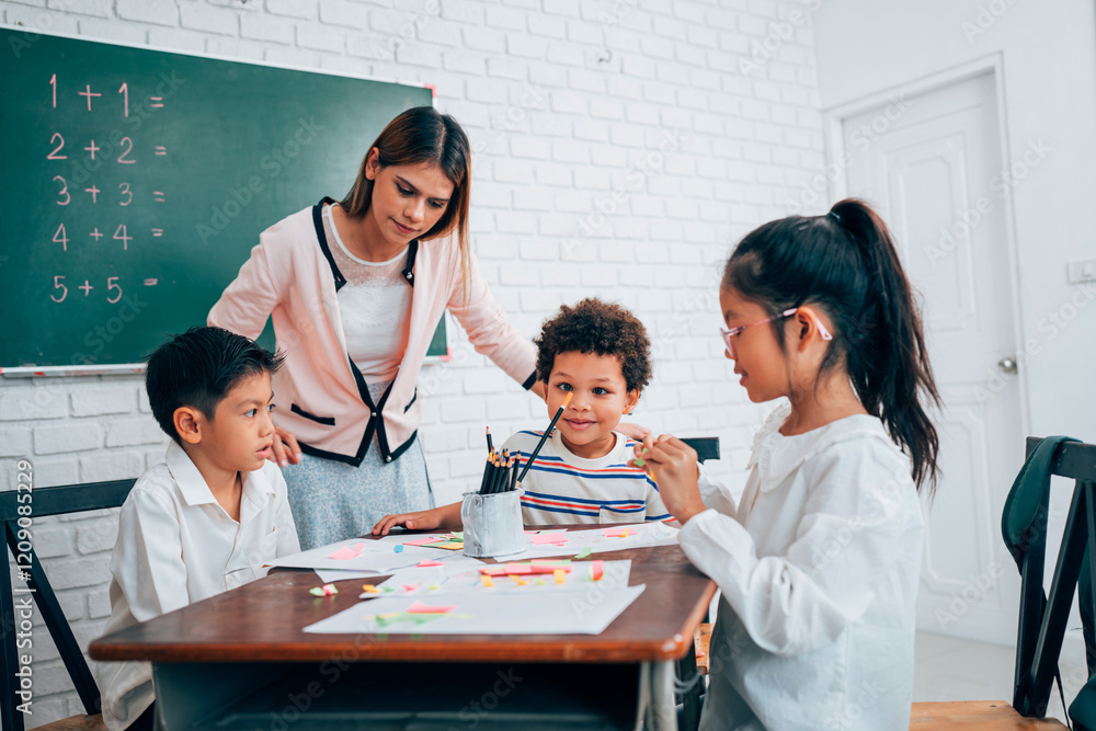 Fototapeta premium Happy school teacher and students having interesting engaging activities in class. Little children sitting around classroom table, talking and playing fun games together.
