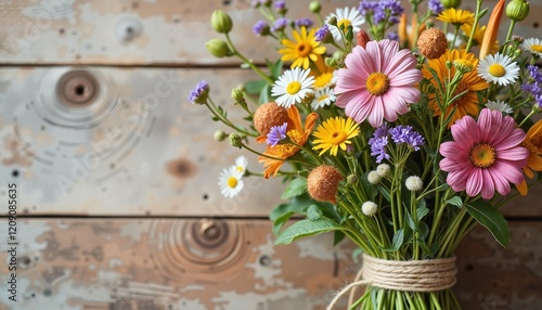 Vibrant bouquet of summer flowers against a rustic wooden background.