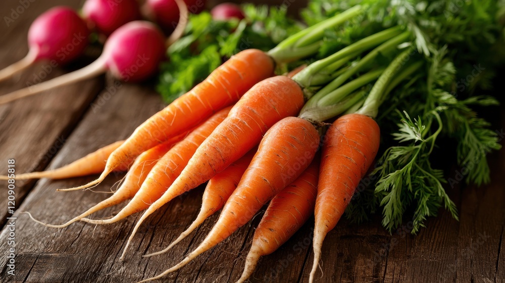 Harvesting fresh carrots and radishes organic farm food rustic setting close-up view healthy eating concept Harvesting fresh carrots and radishes organic farm food rustic setting close-up view healthy eating concept