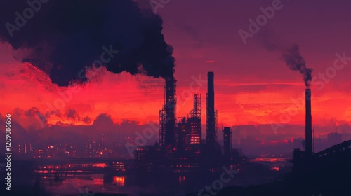 Black smoke slowly dispersing into the atmosphere from a factory stack, mixing with a dramatic sunset sky filled with deep orange and purple hues photo