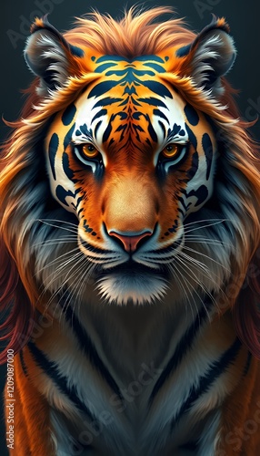 Wallpaper Mural Majestic Tiger with a Lion's Mane A Digital Painting of a Mythical Creature with Intense Eyes and Powerful Presence Torontodigital.ca