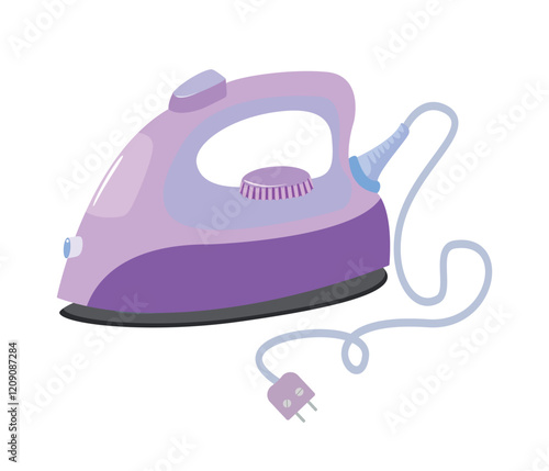 Pink electric iron. Drawn in cartoon style. Vector illustration.