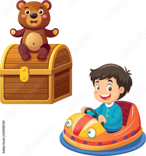 Happy child driving bumper car and teddy bear sitting on treasure chest