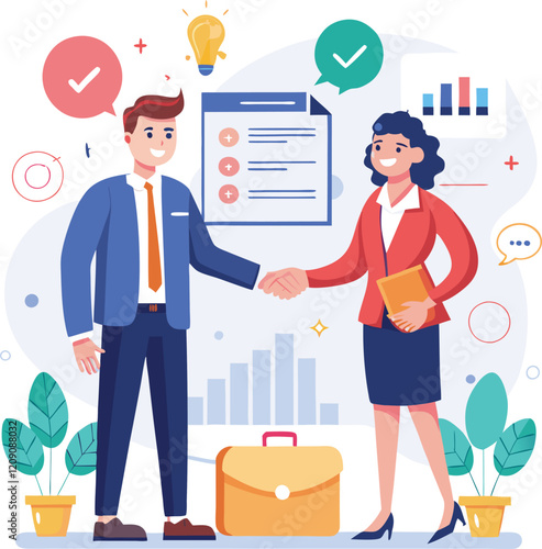 People shaking hands at work - Two businesspeople, man and woman doing handshake in office at work while smiling over business agreement and deal. Flat design stock illustration on white background