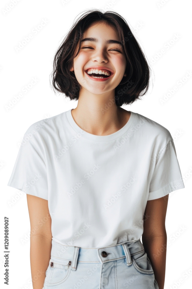 PNG A happy young Asian woman short hair in a white t-shirt laughing background smile clothing. PNG A happy young Asian woman short hair in a white t-shirt laughing background smile clothing.