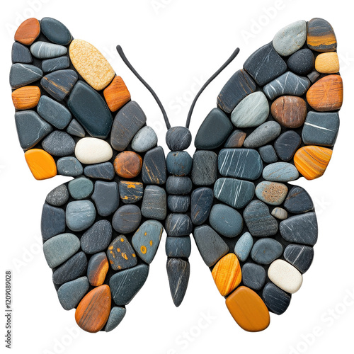Creative art display of butterfly made from colorful stones nature visual art close-up textured design for home decor