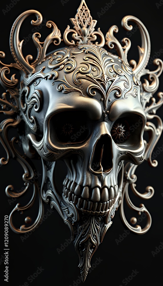 Ornate Skull with Intricate Metalwork: A Dark and Dramatic 3D Rendering Ornate Skull with Intricate Metalwork: A Dark and Dramatic 3D Rendering