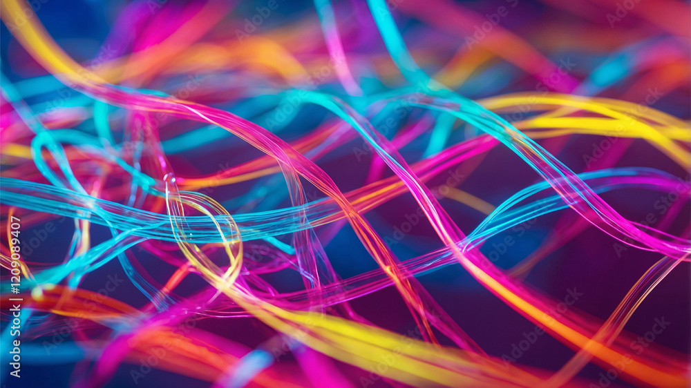 Vibrant and colorful abstract pattern featuring bright intertwined light strands in various shades of pink, blue, yellow, and orange Vibrant and colorful abstract pattern featuring bright intertwined light strands in various shades of pink, blue, yellow, and orange