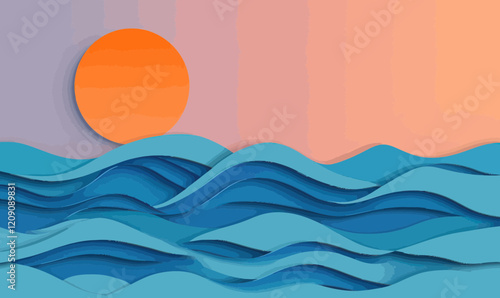 Minimalist 3D Vector Sunset Over Ocean with Smooth Waves in Flat SVG Style Illustration photo