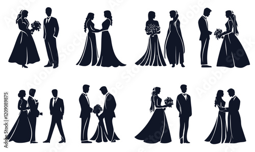 Elegant Wedding Silhouette Set with Bride and Groom for Minimalist Vector Design