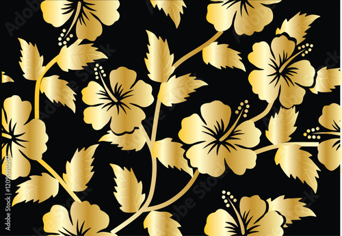 tBlack and white hand drawn hibiscus flower and gold color, special for special motif photo