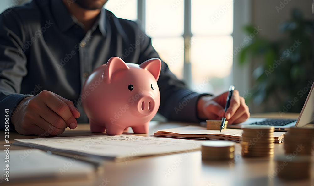 Obraz premium Finanzplanung mit Sparschwein und Unterlagen am Tisch - KI generiert