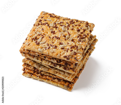 Crispy snack layered with seeds displayed on a white surface in a well-lit setting
