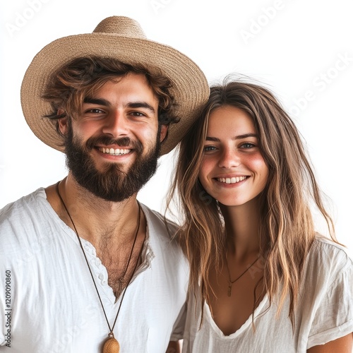 Smiling Young Caucasian Couple on White Background, Friendly and Approachable, Perfect for Advertising, Editorial or Social Media Use photo