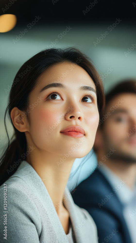 Young Asian woman at business meeting, corporate setting with thoughtful expression, teamwork concept Young Asian woman at business meeting, corporate setting with thoughtful expression, teamwork concept