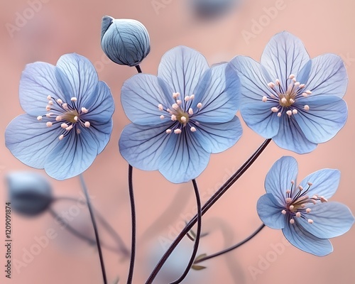 Delicate light blue flowers on slender stems against a soft pink background. photo