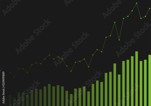 Abstract green growing financial linear graph chart background. Vector lines tech design