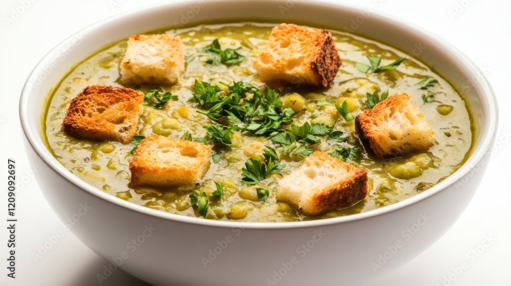A bowl of hearty split pea soup garnished with croutons and fresh parsley, Each spoonful filled with rich and comforting flavors, Classic warming meal highlighted against an isolated white background A bowl of hearty split pea soup garnished with croutons and fresh parsley, Each spoonful filled with rich and comforting flavors, Classic warming meal highlighted against an isolated white background
