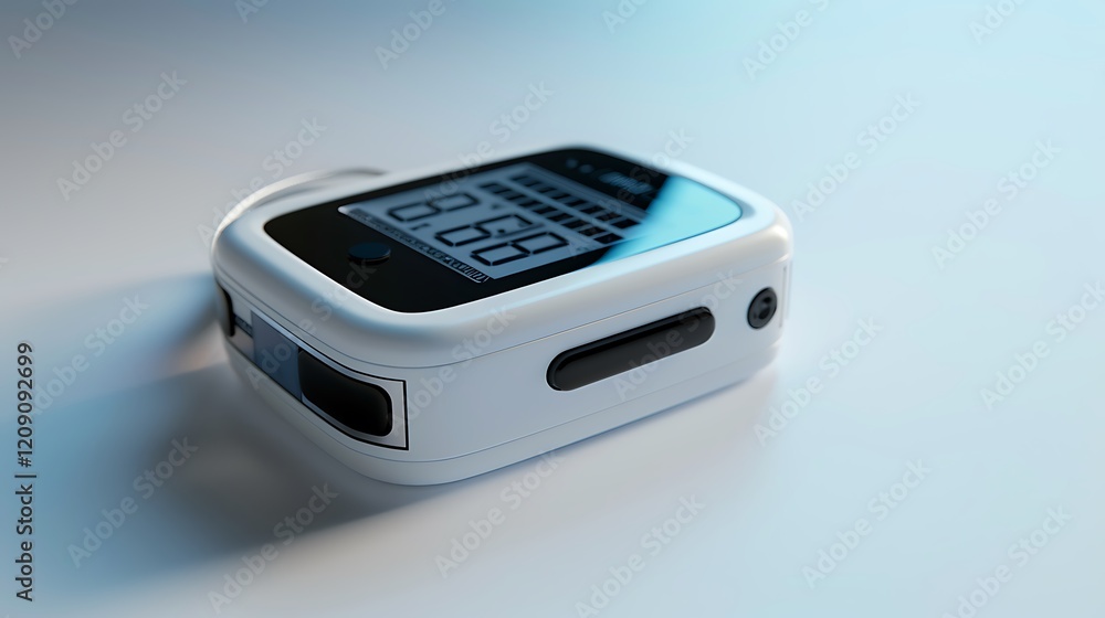 A high-definition shot of a pulse oximeter device with a digital display, isolated on a smooth white surface. A high-definition shot of a pulse oximeter device with a digital display, isolated on a smooth white surface.