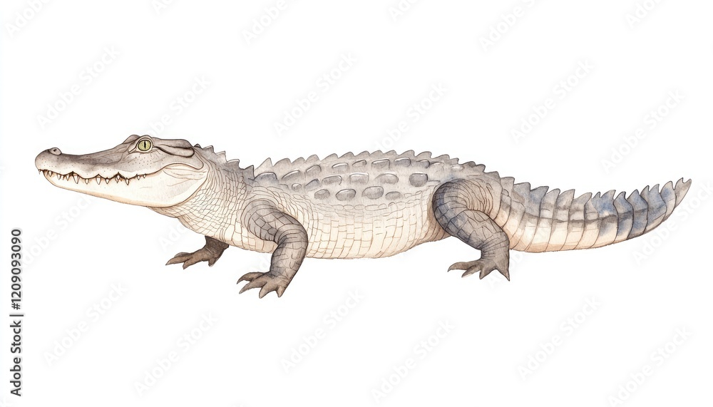 Realistic illustration of a crocodile in a neutral background, showcasing its features and posture Realistic illustration of a crocodile in a neutral background, showcasing its features and posture