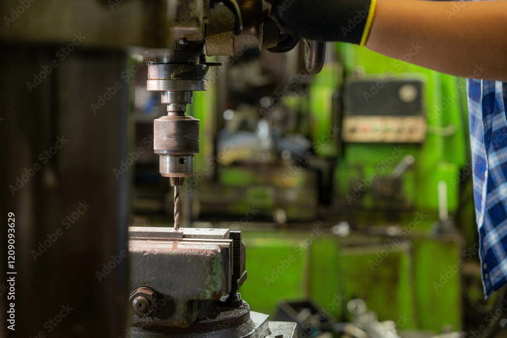 Fototapeta premium teacher and student are learning to use heavy machines in steel factory.