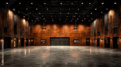 Spacious wood-paneled event hall, polished concrete floor, perfect for concerts or corporate events