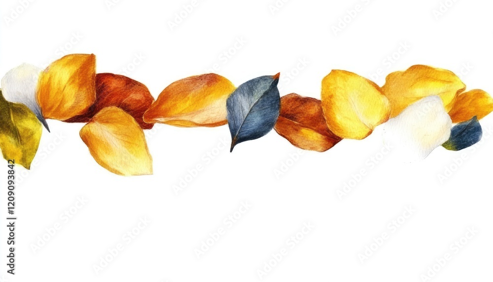 A colorful arrangement of autumn leaves gracefully scattered across a white background, evoking seasonal change A colorful arrangement of autumn leaves gracefully scattered across a white background, evoking seasonal change