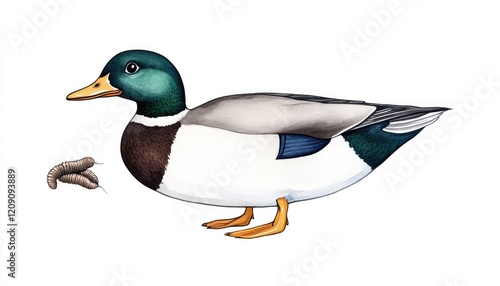 Detailed illustration of a mallard duck standing beside aquatic insects, showcasing wildlife in a natural setting