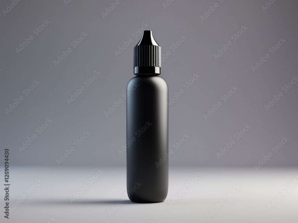 A 3D rendering of a matte black vape liquid bottle with a pointed cap, displayed on a minimalist gray background. A 3D rendering of a matte black vape liquid bottle with a pointed cap, displayed on a minimalist gray background.
