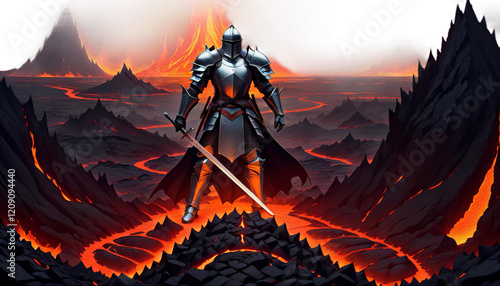 lava painting style demon facing illustration sword digital knight ll art imagination artwork acrylic daemon devil evil fantasy hell satan fire monster creature photo