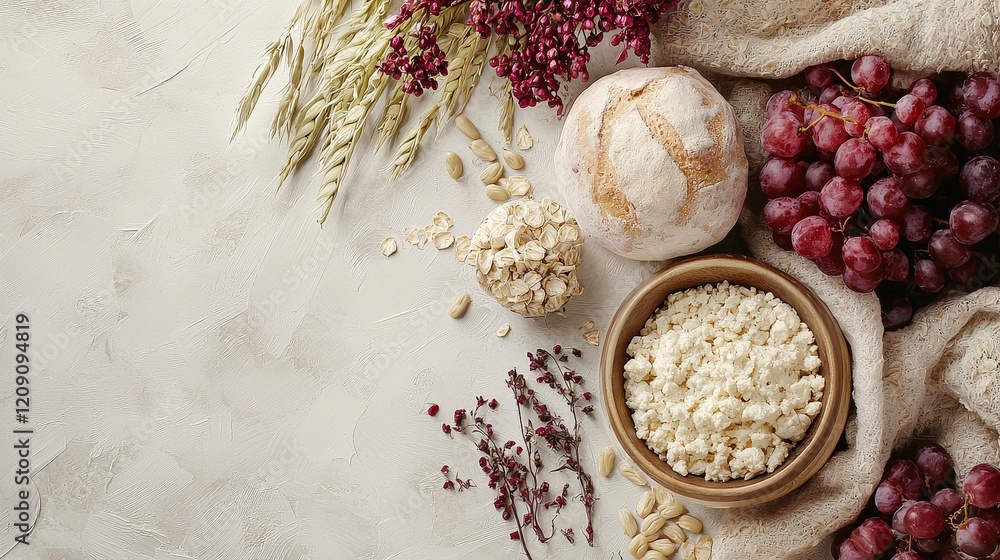 Fresh and Colorful Display of Natural Foods with Grapes, Bread, Grains, and Healthy Ingredients on a Rustic Background Fresh and Colorful Display of Natural Foods with Grapes, Bread, Grains, and Healthy Ingredients on a Rustic Background