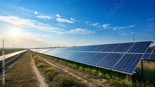 Solar farm with panels glistening under a bright blue sky