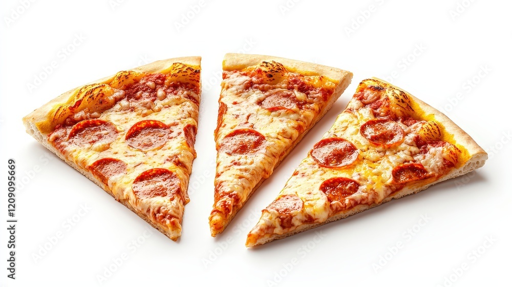 Realistic Pizza Slices on White Background with Pepperoni and Cheese, Perfect for Food Illustrations and Menus Realistic Pizza Slices on White Background with Pepperoni and Cheese, Perfect for Food Illustrations and Menus