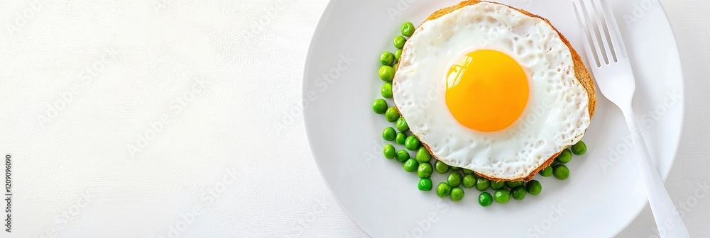 a sunny side up egg, green peas, and whole grain bread on an elegant plate with a white fork on white background a sunny side up egg, green peas, and whole grain bread on an elegant plate with a white fork on white background